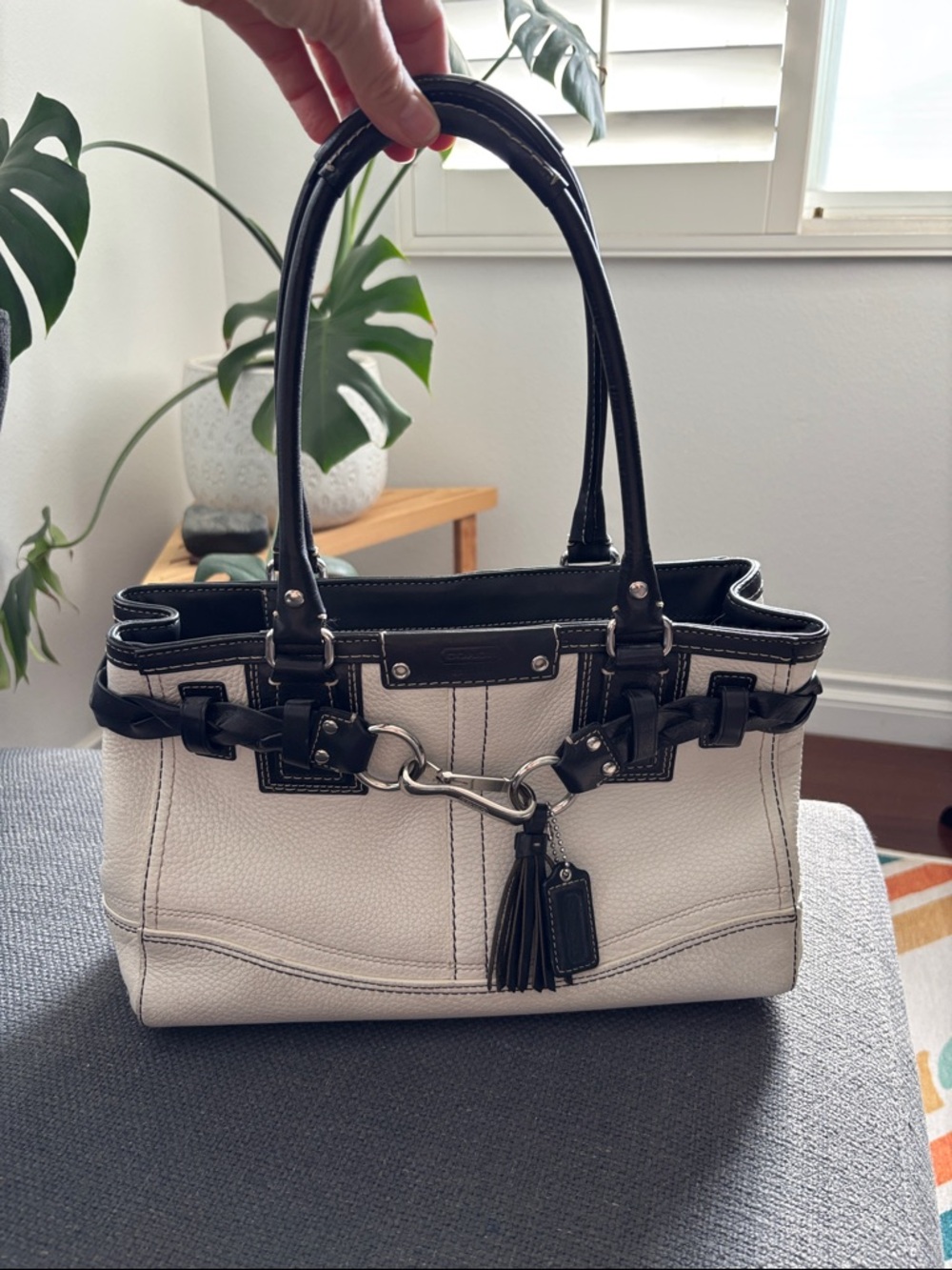 Coach Cream and Black Leather shoulder bag with Tassel Accent
